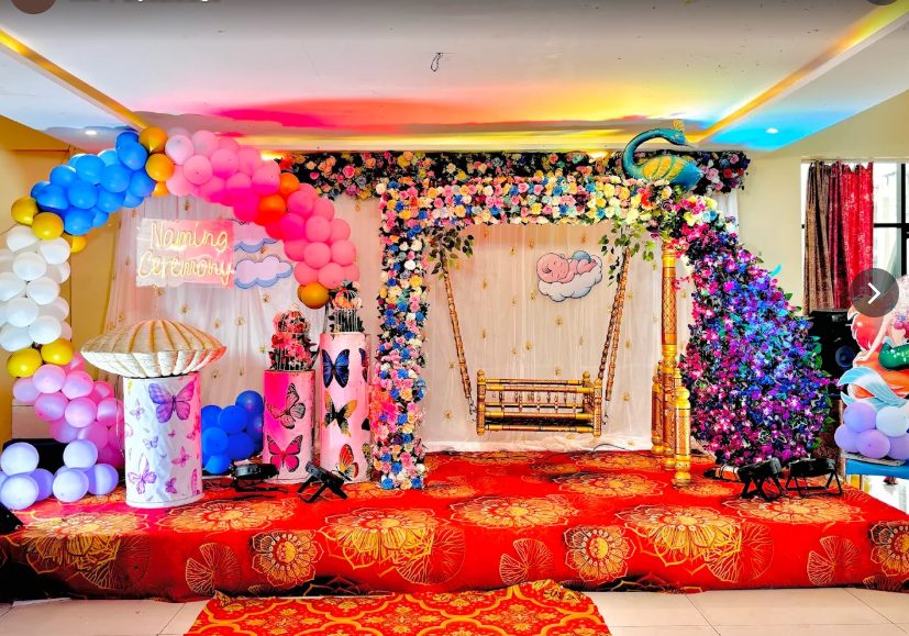 Floral mandap swing naming ceremony decor